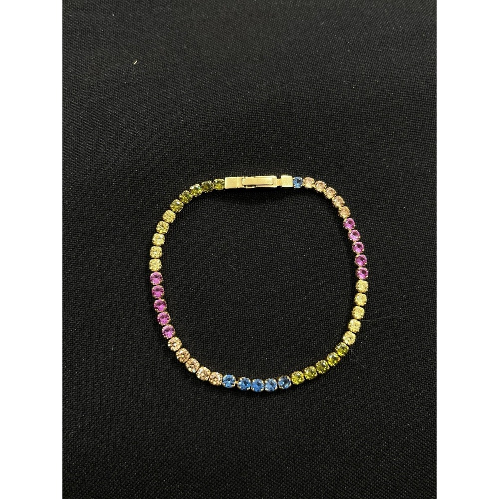 Ag925 Gold Rainbow Zirconia Crystal  Tennis Bracelet w/ Box Closure Signed SJ